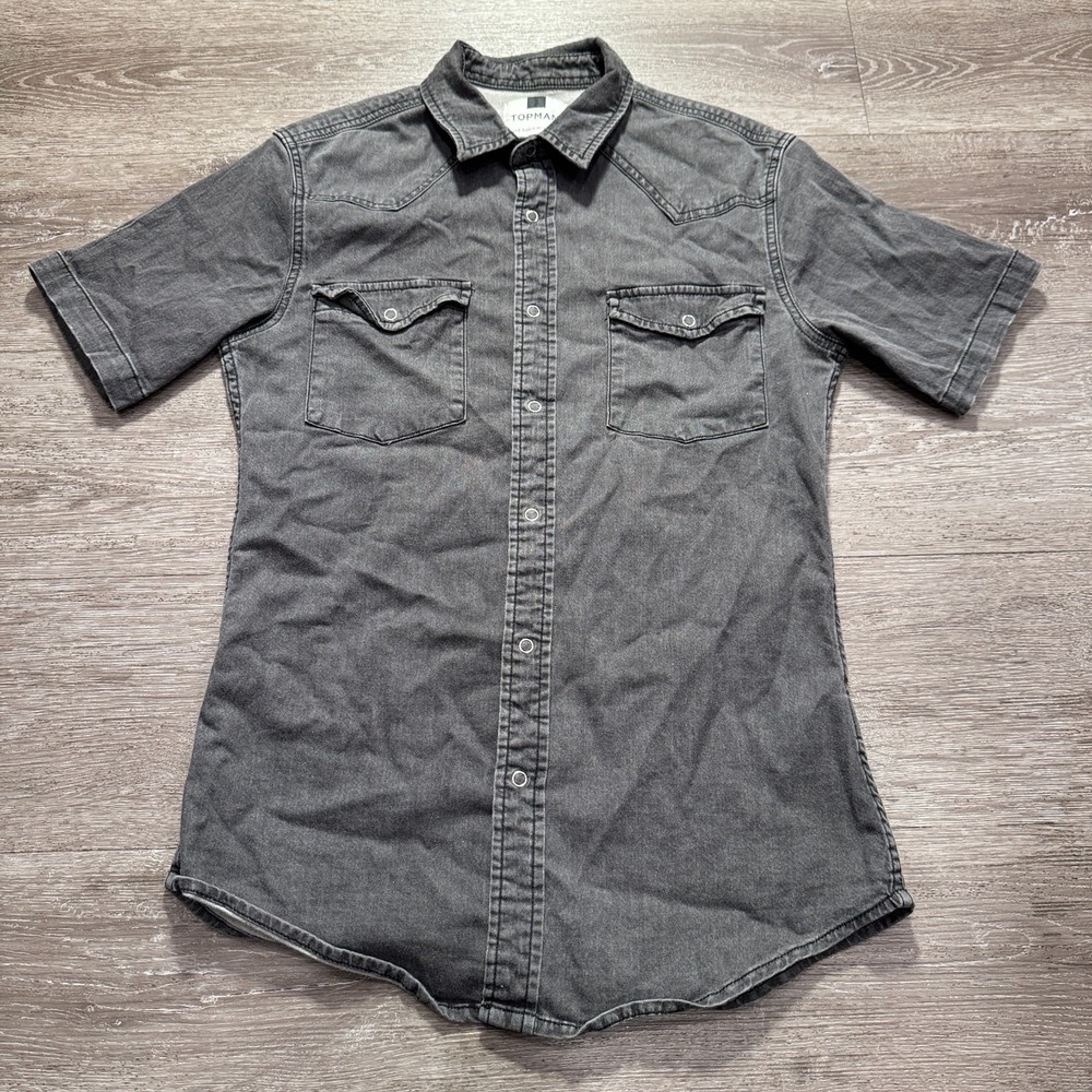 Topman Shirt Mens Small Gray‎ Denim Chambray Western Pearl Snap Muscle Fit Adult